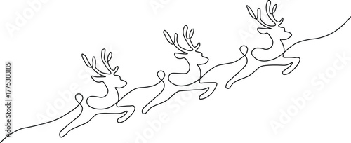 Three reindeer leaping in continuous black line art