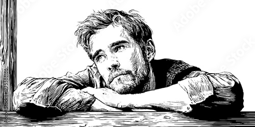 Contemplative moment: vintage engraving of reflective person by window for thoughtful design