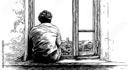 Contemplative person gazing out the window in a vintage engraving