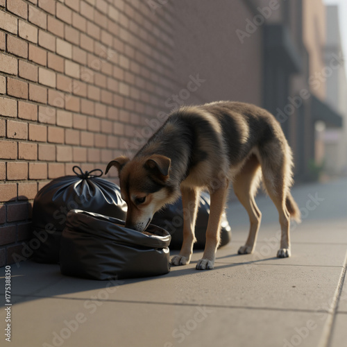 Stray dog sniffing around garbage bags on urban sidewalk  