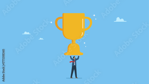 Businessman entrepreneur carrying big winner trophy. Big success or achievement, winning large business scale or challenge and effort to win award.