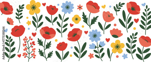 Vibrant watercolor floral border with red poppies blue cornflowers and yellow wildflowers on white background