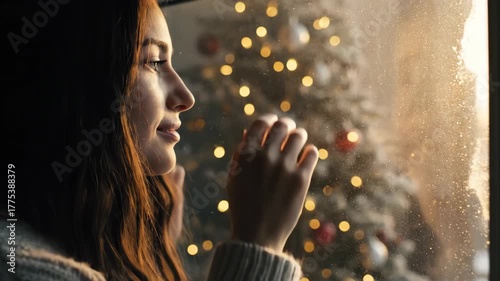 Christmas Day Dream Design Serene Woman Gazing at Festive Tree, Celebrating the Holiday Season's Joy