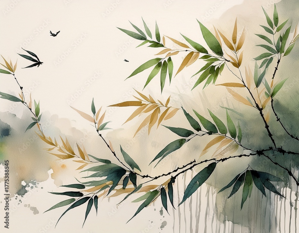 Fototapeta premium aquarel ink painting of flying bamboo leaves minimalist oriental brushwork light background generative ai