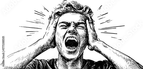 Expression of frustration: vintage engraving of a shouting person with dynamic motion lines