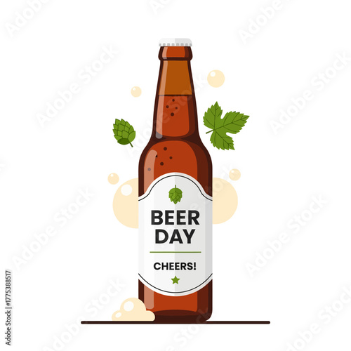 A celebratory vector illustration of a brown beer bottle with a 'Beer Day' label, surrounded by green hops and bubbles.