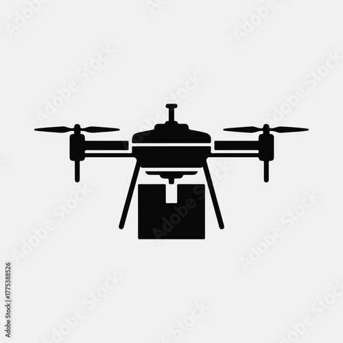 Silhouette drone delivering package black delivery service Vector illustration
