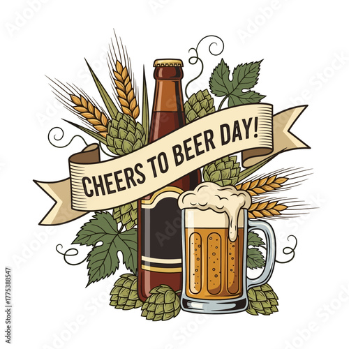 Vintage illustration celebrating Beer Day with a bottle, a foamy mug, hops, and wheat stalks.