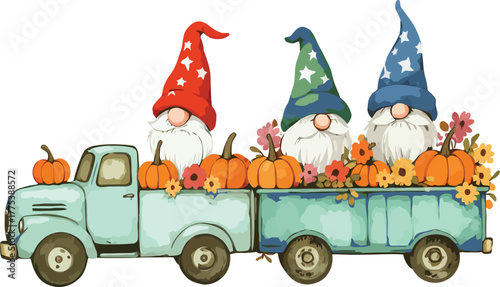 Whimsical gnomes riding in a vintage truck filled with autumn harvest pumpkins and flowers