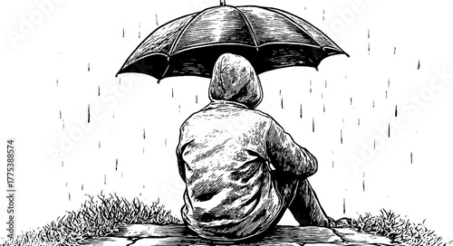Solitude under umbrella in rain - vintage engraving for calm reflective design