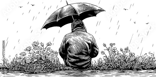 Serene solitude in rainy weather: person sitting under umbrella in vintage style