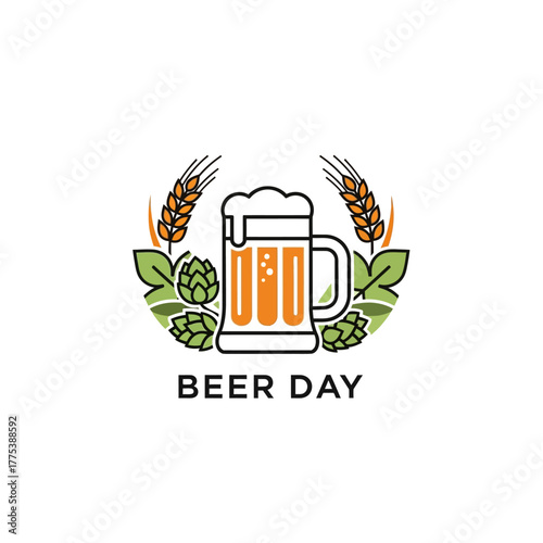 A stylized illustration of a beer mug with foam, surrounded by hops and wheat, celebrating Beer Day.