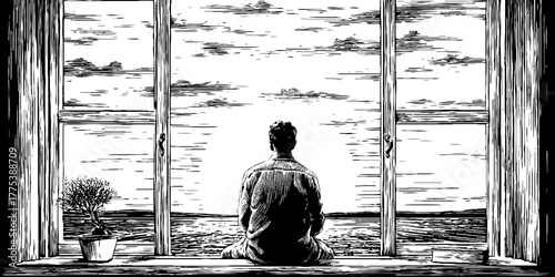 Contemplative scene of person watching sunset through window in vintage engraving style