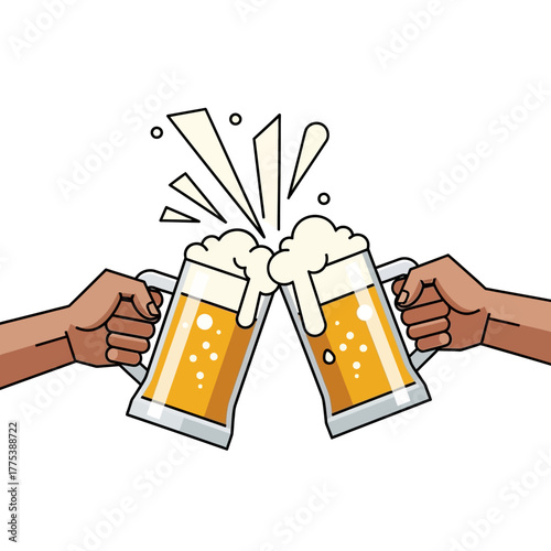 Two hands clinking beer mugs together, creating a splash of foam, celebrating a toast.