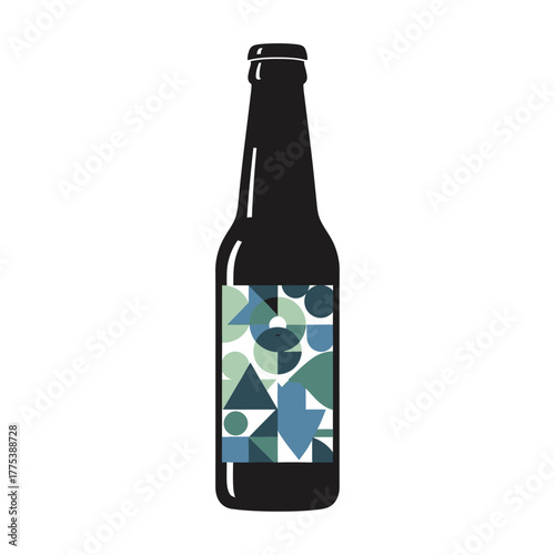 A dark glass beer bottle with a modern, abstract geometric label, isolated on a plain white background.