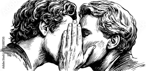 Vintage engraving of people whispering concept for secret sharing and communication art