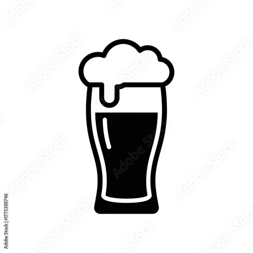 A black and white illustration of a glass filled with beer and a frothy head.