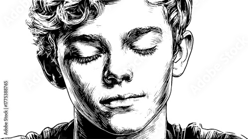 Peaceful contemplation engraving - vintage hand drawn portrait with gentle expression