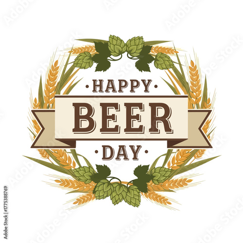 Happy Beer Day banner with wheat and hops wreath design.