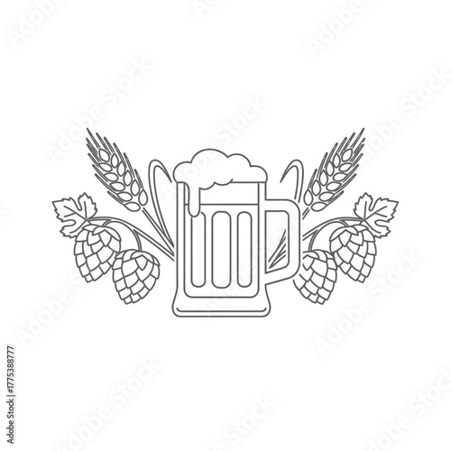 Illustration of a beer mug with wheat and hops.