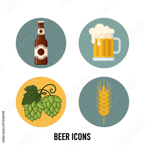 Beer icons: bottle, mug, hops, and wheat on circles.