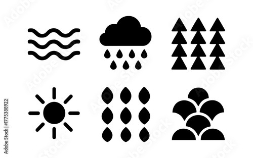 Minimalist nature icons: sun, rain, trees, waves, and more