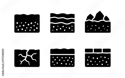 Silhouette icons of topsoil and ground layers with various textures in a minimalist style