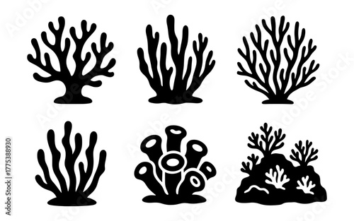 Black silhouette coral set highlighting marine life and oceanic elegance