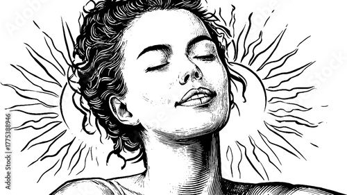 Tranquil expression surrounded by radiant sunrays for relaxation and peaceful design