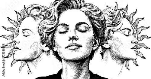 Serene faces with sunrays - vintage engraved design for posters and cards