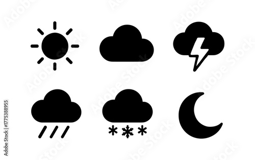 Minimalist weather icons: sun, cloud, lightning, rain, snow, moon