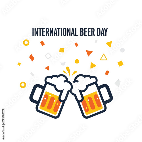 International Beer Day celebration illustration with two clinking beer mugs and festive confetti on a white background.