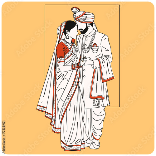 Indian Wedding Couple Line Art