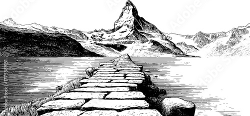 Symbolic mountain landscape with pathway and infinite horizon