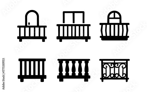 Variety of balcony railings in black silhouette style