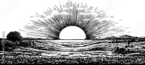 Infinite horizon dot symbolizing eternity in hand-drawn engraving style for design concepts