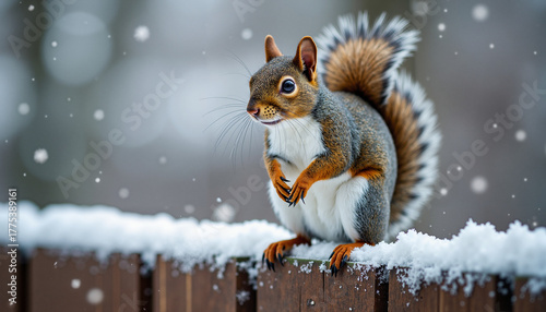 Squirrel standing on fence in snowy winter landscape  