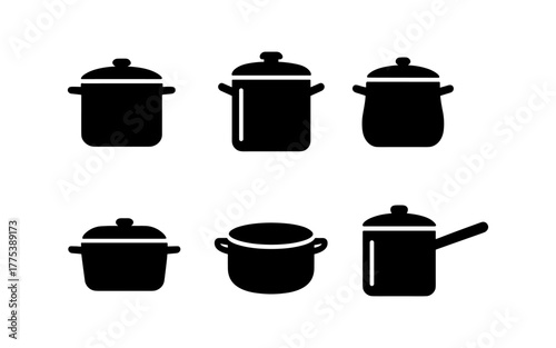 Silhouette icons of cooking pots and saucepans in minimalist style