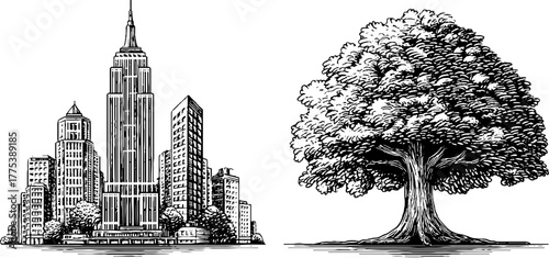 Urban nature fusion: skyscraper emerging from tree trunk in vintage engraving style