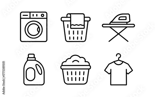 Laundry icons: simple line art of washing machine, basket, ironing board, and more