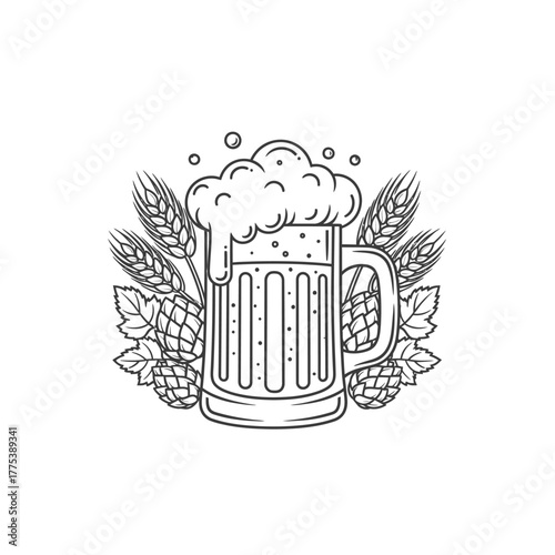 Line art illustration of a beer mug with frothy foam, surrounded by wheat ears and hop cones, symbolizing brewing and craft beer.