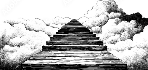 Surreal minimalist dreamscape: stairs leading into cloud void, hand-drawn vintage design