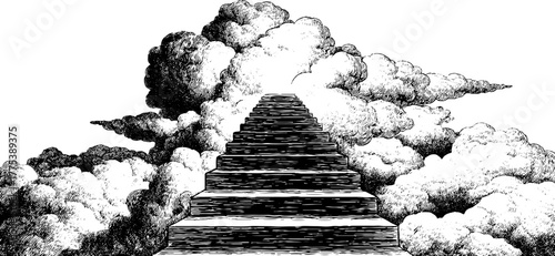 Surreal minimal engraving of stairs ascending into clouds and void