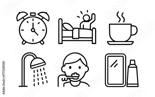 Morning routine icons: alarm, wake up, coffee, shower, brushing teeth, mirror