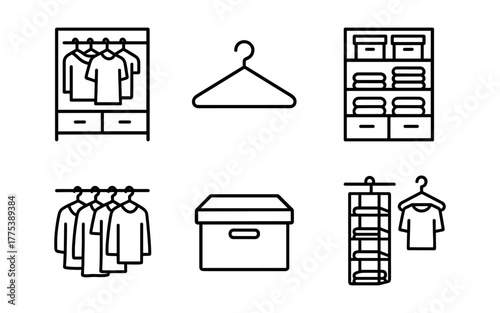 Closet organization icons featuring clothing, storage boxes, and hangers in linear style