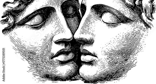 Unity of emotions: engraving of merging faces in harmony for artistic design