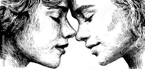 Unity and emotion in vintage engraving of two faces merging together