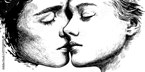 Unity emotion engraving of two faces merging in a harmonious connection for creative design