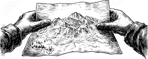 Vintage exploration theme featuring two figures holding a map for adventure design