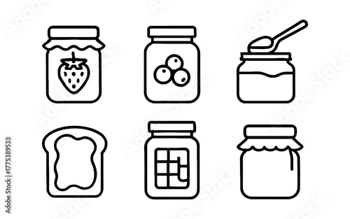 Linear icon set of jars and bread with strawberry jam and berry preserves